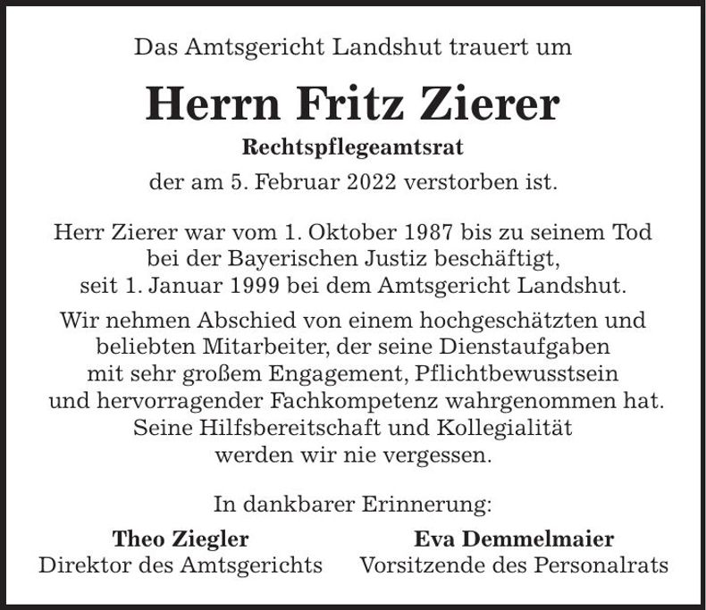 Traueranzeige Fritz Zierer