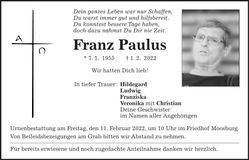 Traueranzeige Franz Paulus
