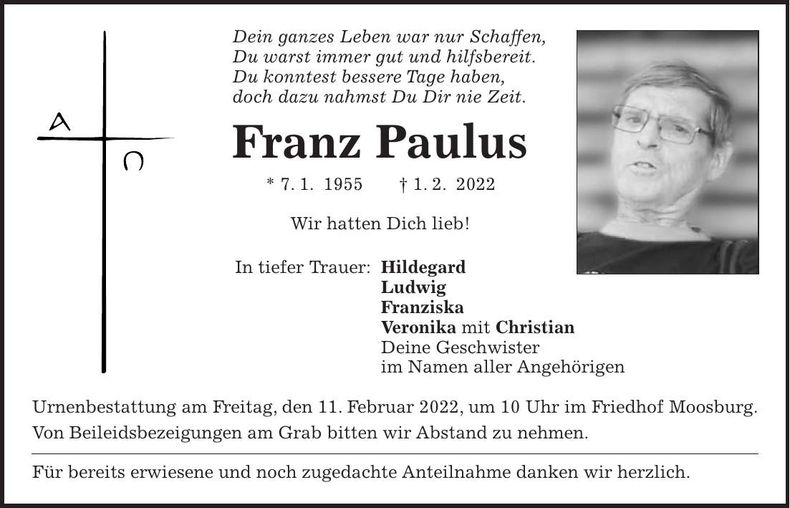 Traueranzeige Franz Paulus