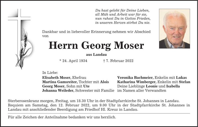 Traueranzeige Georg Moser