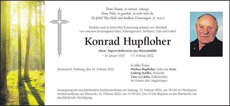 Traueranzeige Konrad Hupfloher