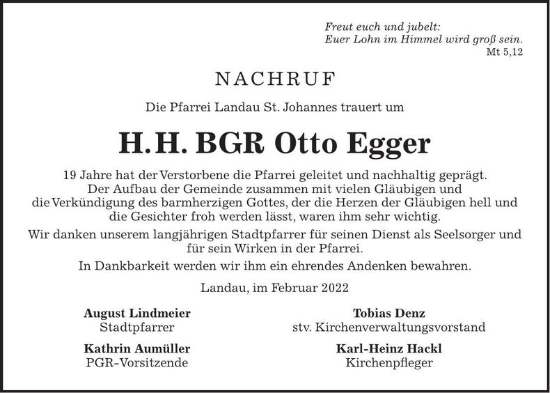 Traueranzeige H.H. BGR Otto Egger