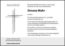 Traueranzeige Simone Mahr