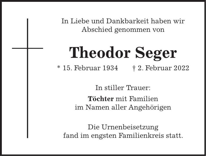 Traueranzeige Theodor Seger