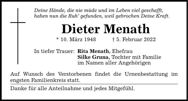 Traueranzeige Dieter Menath