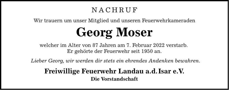 Traueranzeige Georg Moser