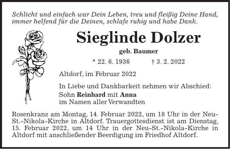 Traueranzeige Sieglinde Dolzer