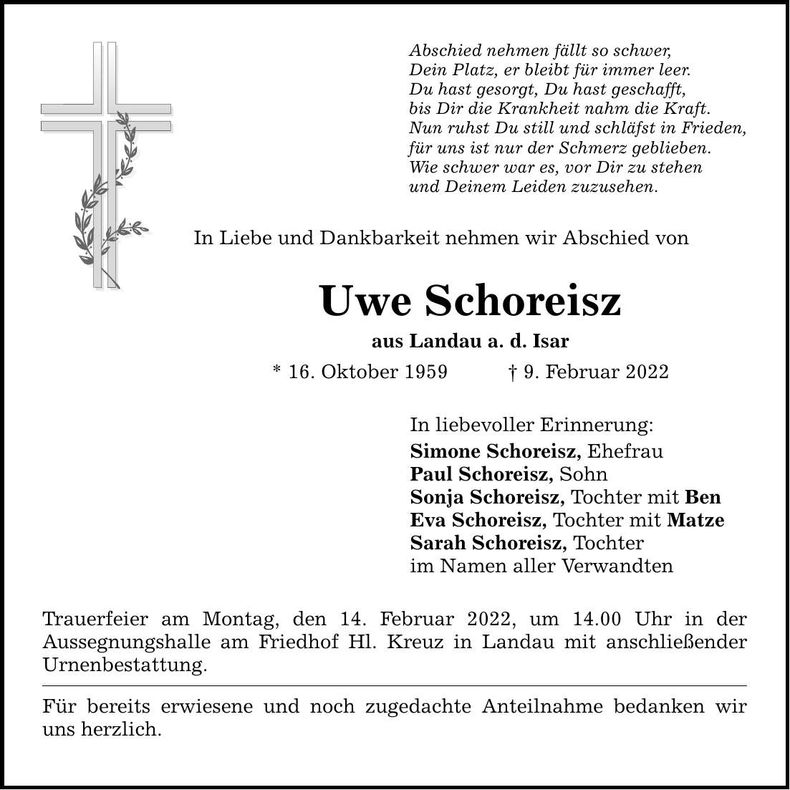 Traueranzeige Uwe Schoreisz