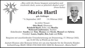 Traueranzeige Maria Hartl
