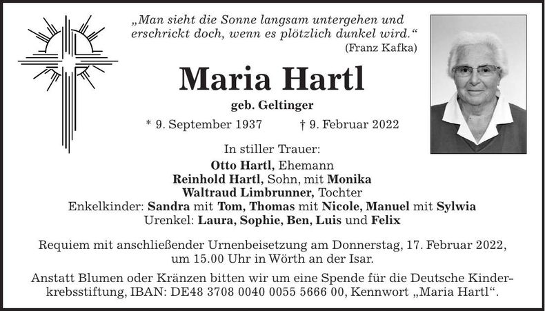 Traueranzeige Maria Hartl