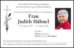 Traueranzeige Judith Hähnel