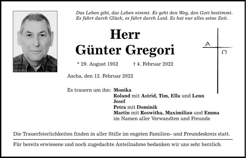 Traueranzeige Günter Gregori