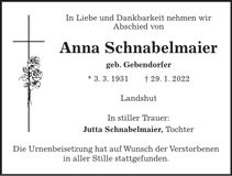 Traueranzeige Anna Schnabelmaier
