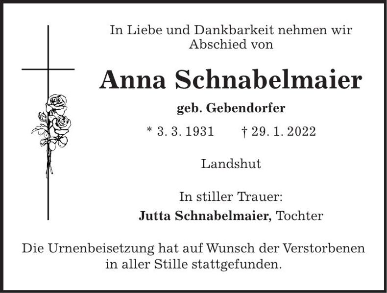Traueranzeige Anna Schnabelmaier