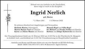 Traueranzeige Ingrid Nerlich