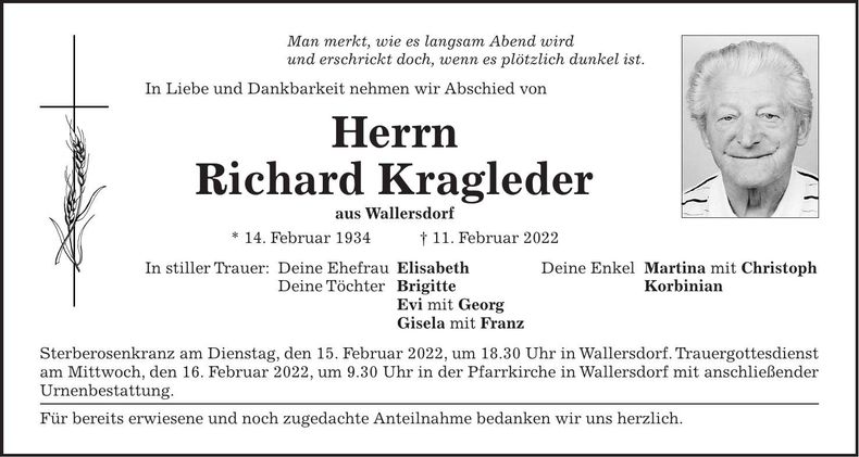 Traueranzeige Richard Kragleder