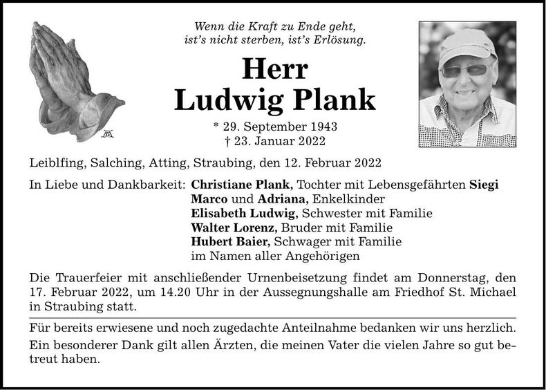 Traueranzeige Ludwig Plank