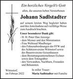 Traueranzeige Johann Sadlstadter