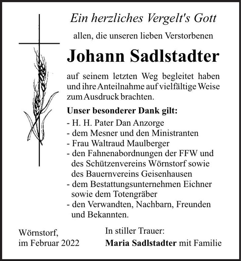 Traueranzeige Johann Sadlstadter