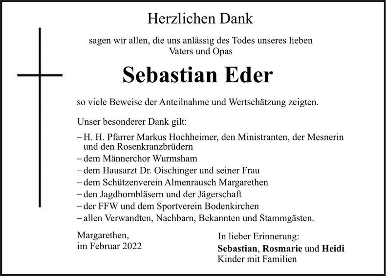 Traueranzeige Sebastian Eder