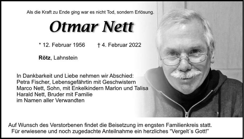 Traueranzeige Otmar Nett