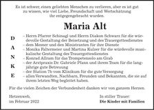 Traueranzeige Maria Alt