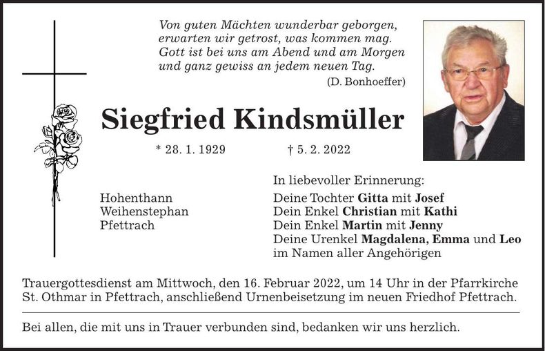 Traueranzeige Siegfried Kindsmüller