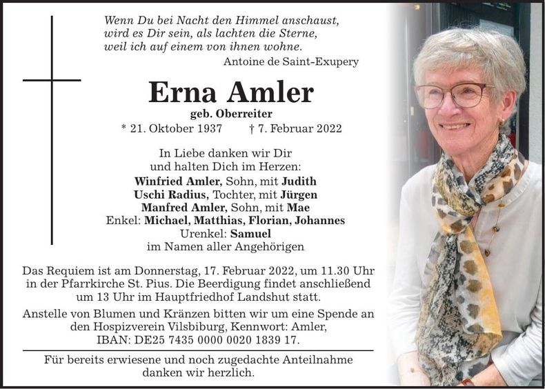 Traueranzeige Erna Amler