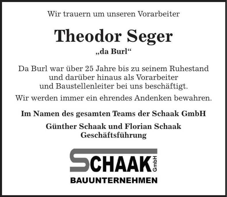 Traueranzeige Theodor Seger