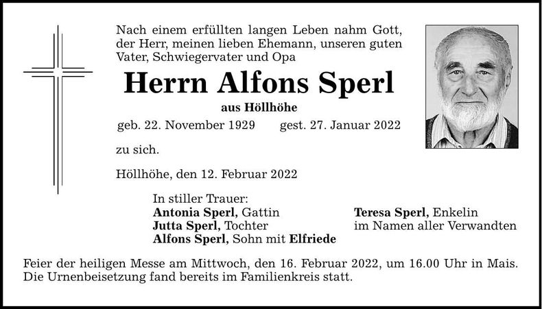 Traueranzeige Alfons Sperl