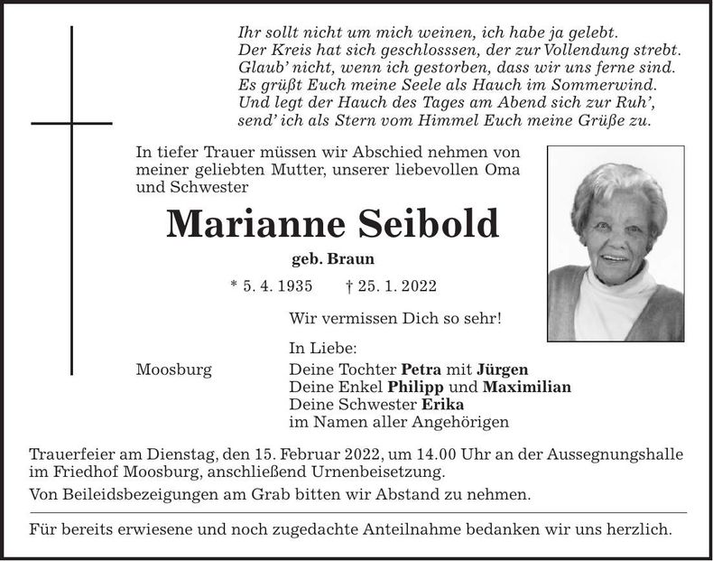 Traueranzeige Marianne Seibold