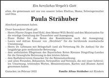 Traueranzeige Paula Strähuber