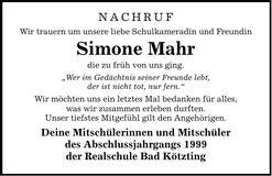 Traueranzeige Simone Mahr