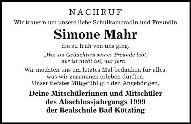 Traueranzeige Simone Mahr