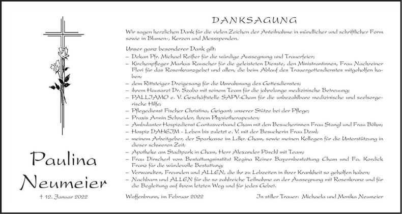 Traueranzeige Paulina Neumeier