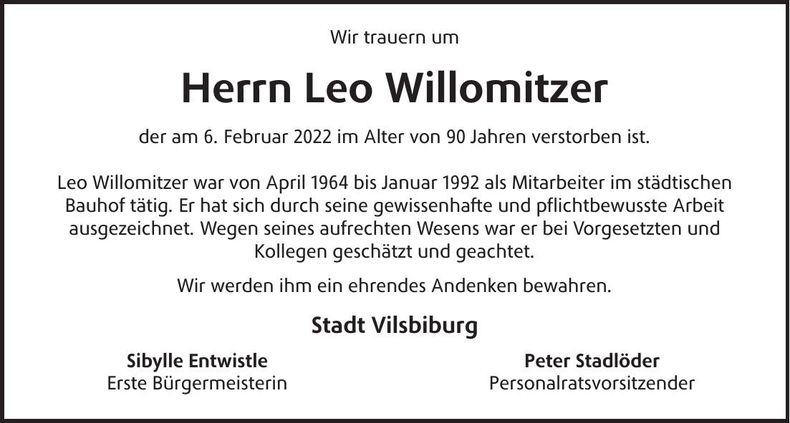 Traueranzeige Leo Willomitzer