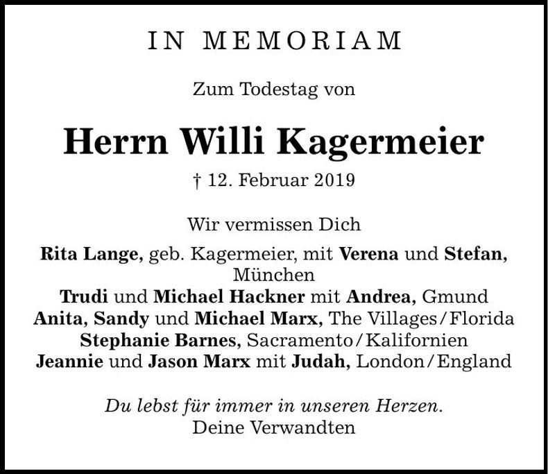 Traueranzeige Willi Kagermeier
