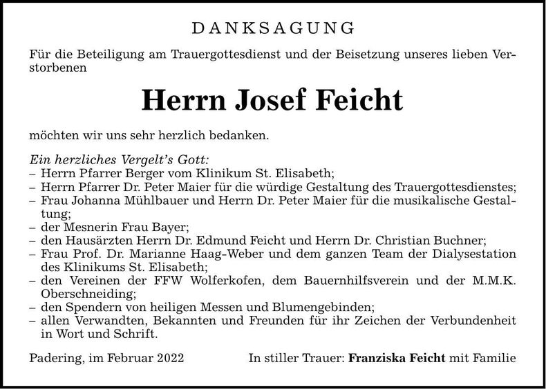 Traueranzeige Josef Feicht