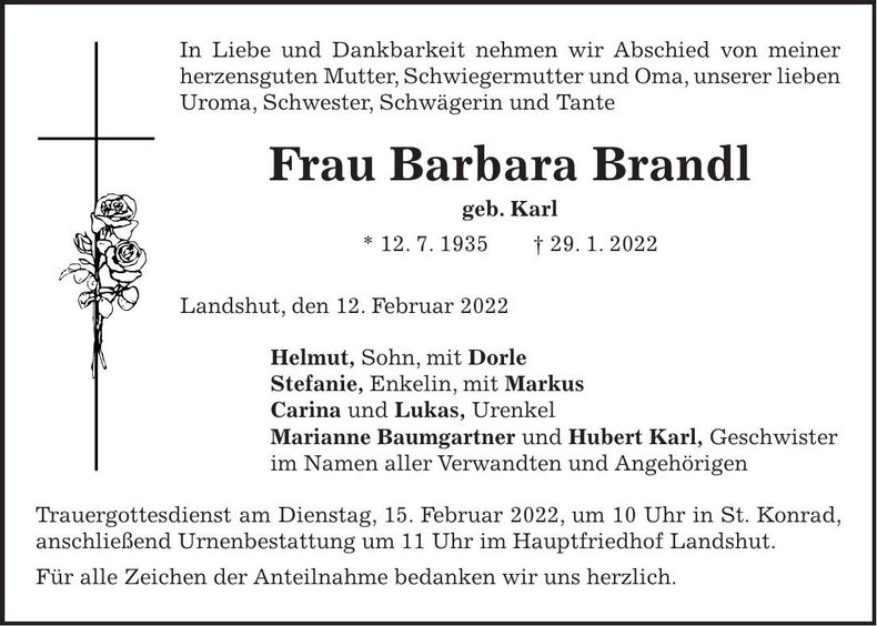 Traueranzeige Barbara Brandl