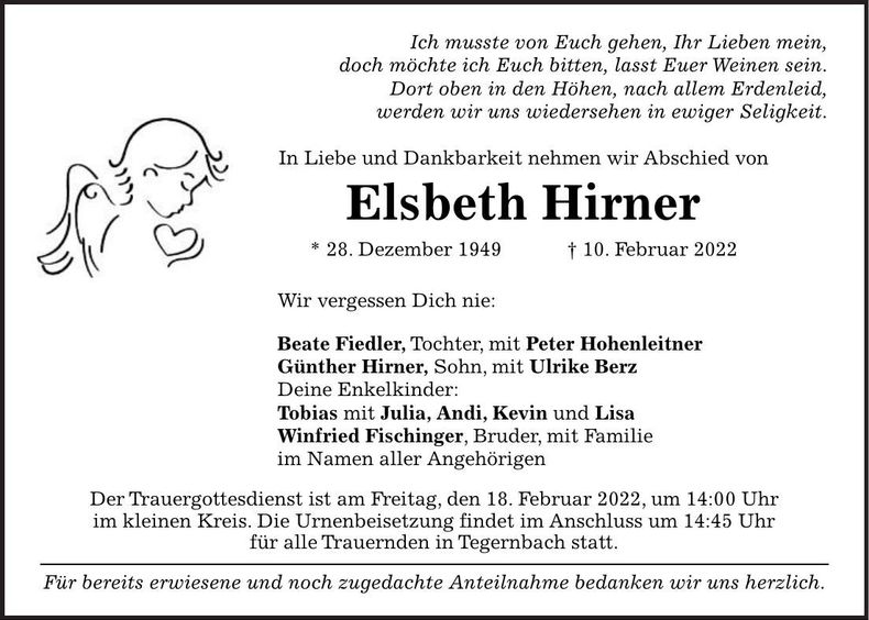 Traueranzeige Hirner Elsbeth