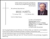 Traueranzeige Max Hartl