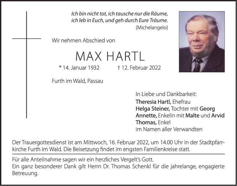 Traueranzeige Max Hartl
