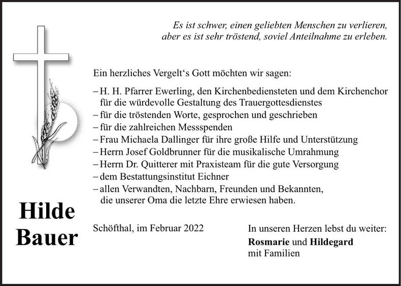 Traueranzeige Hilde Bauer