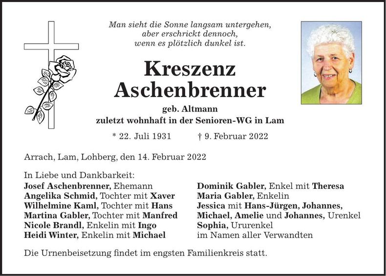 Traueranzeige Kreszenz Aschenbrenner