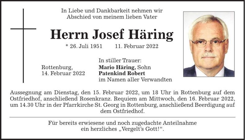Traueranzeige Josef Häring