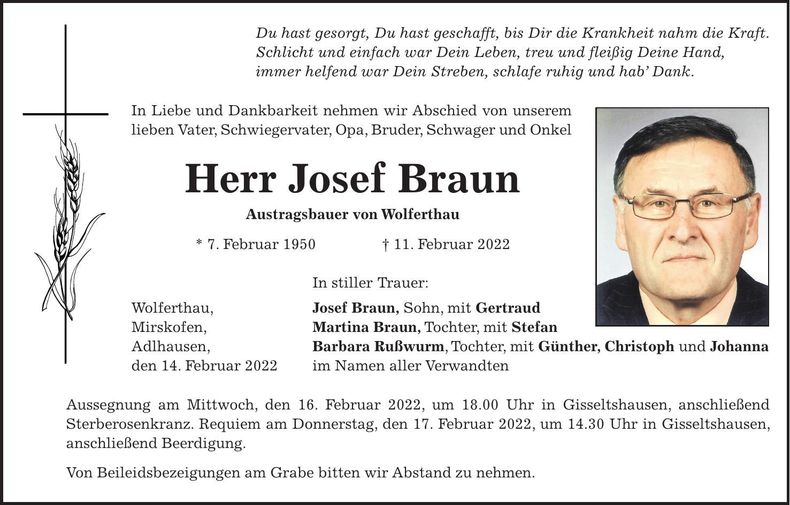Traueranzeige Josef Braun