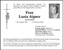 Traueranzeige Luzia Aigner