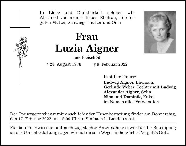 Traueranzeige Luzia Aigner