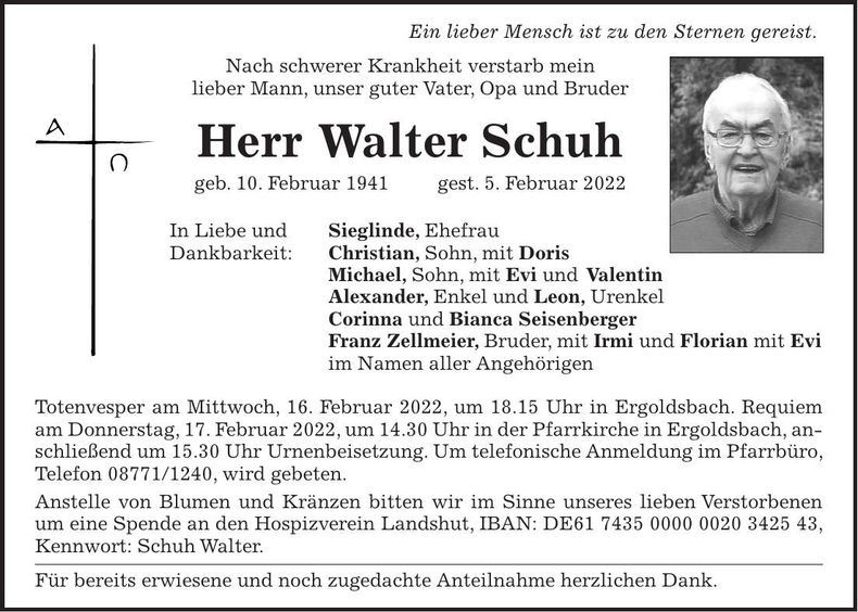 Traueranzeige Walter Schuh
