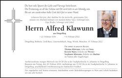 Traueranzeige Alfred Klawunn